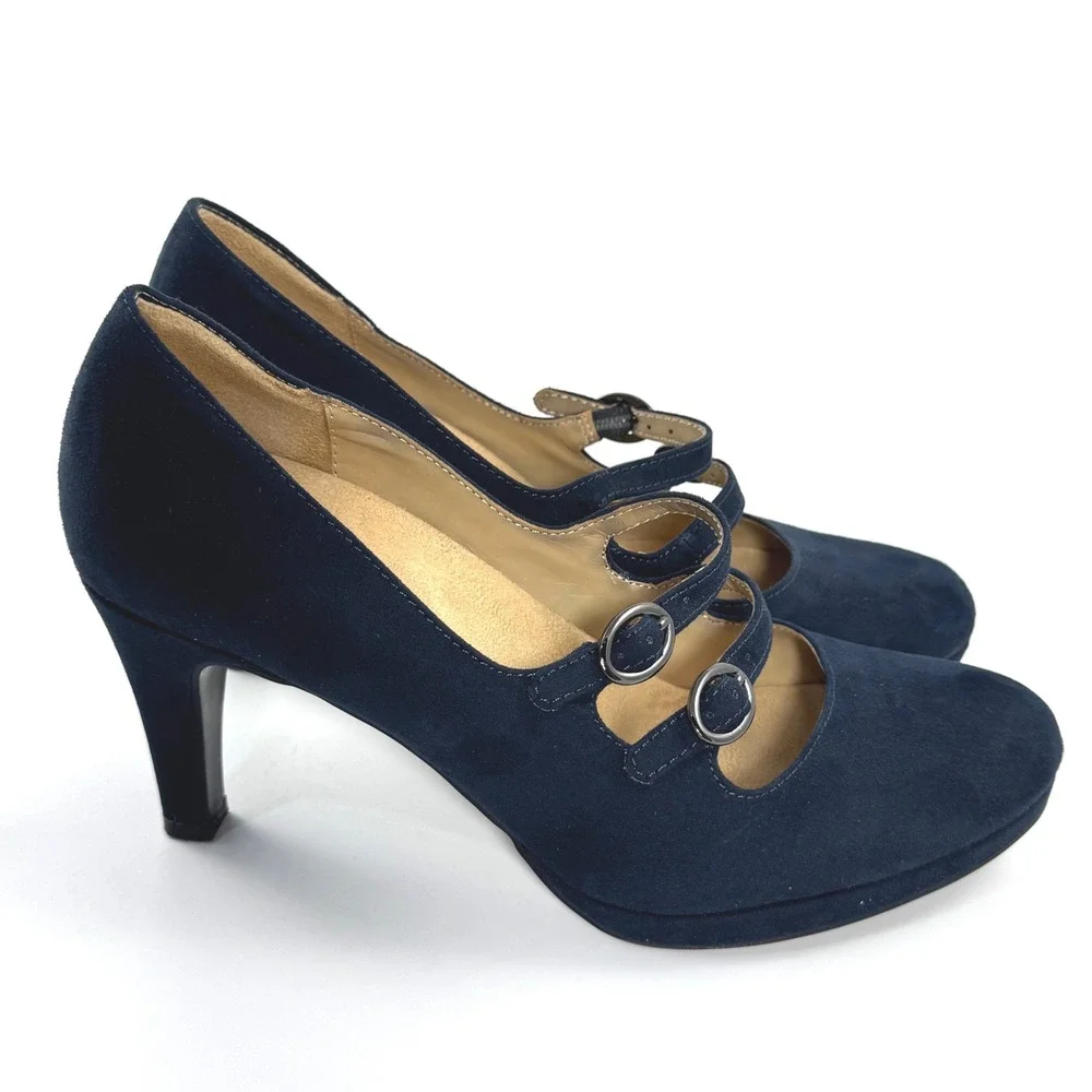 Naturalizer Prudence Navy Blue Suede Double Strap Mary Jane Heels Pumps Size 8M - Picture 4 of 8